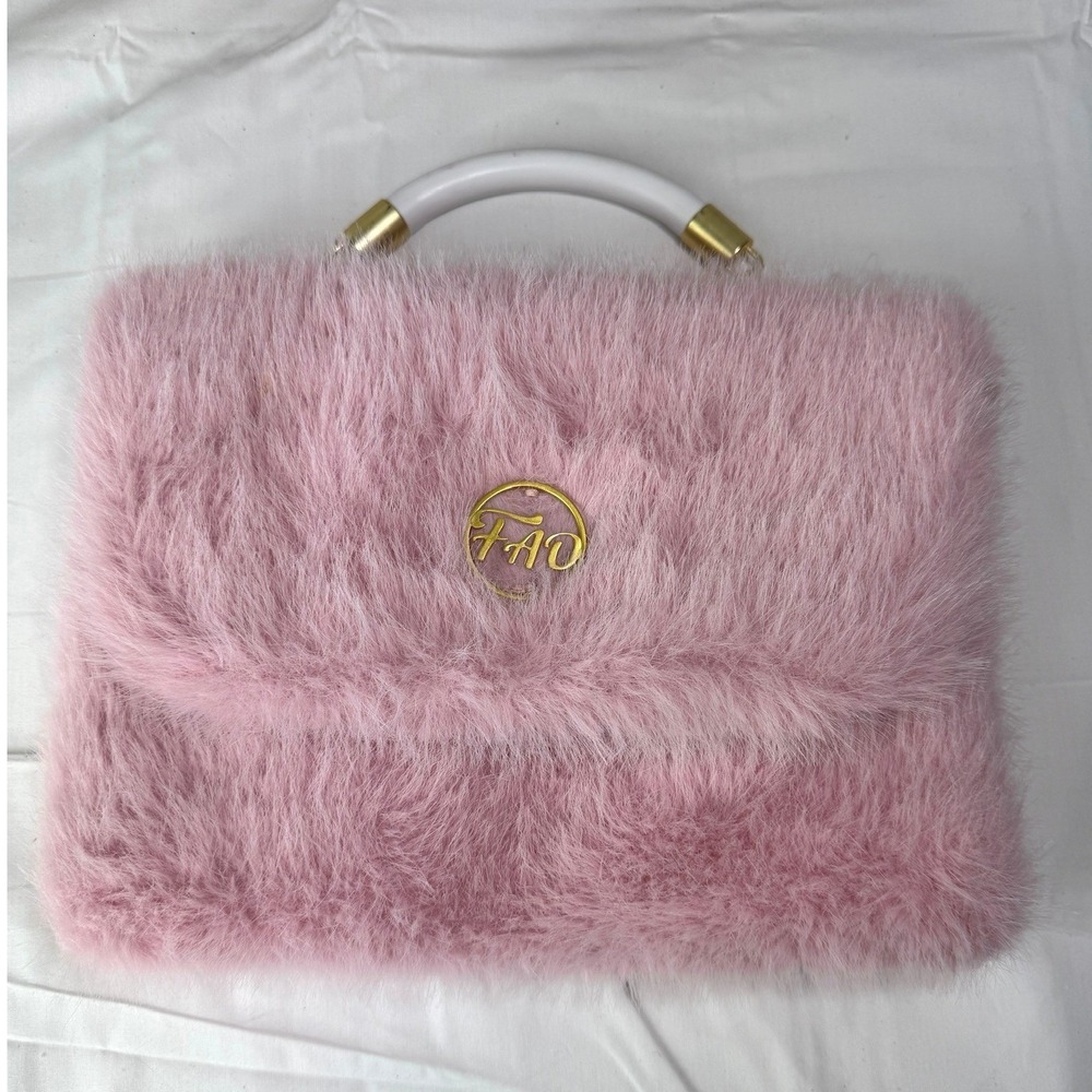 FAO Schwarz Kids Pink Faux Fur Handbag Quilted Interior Gold Logo 59343A24124